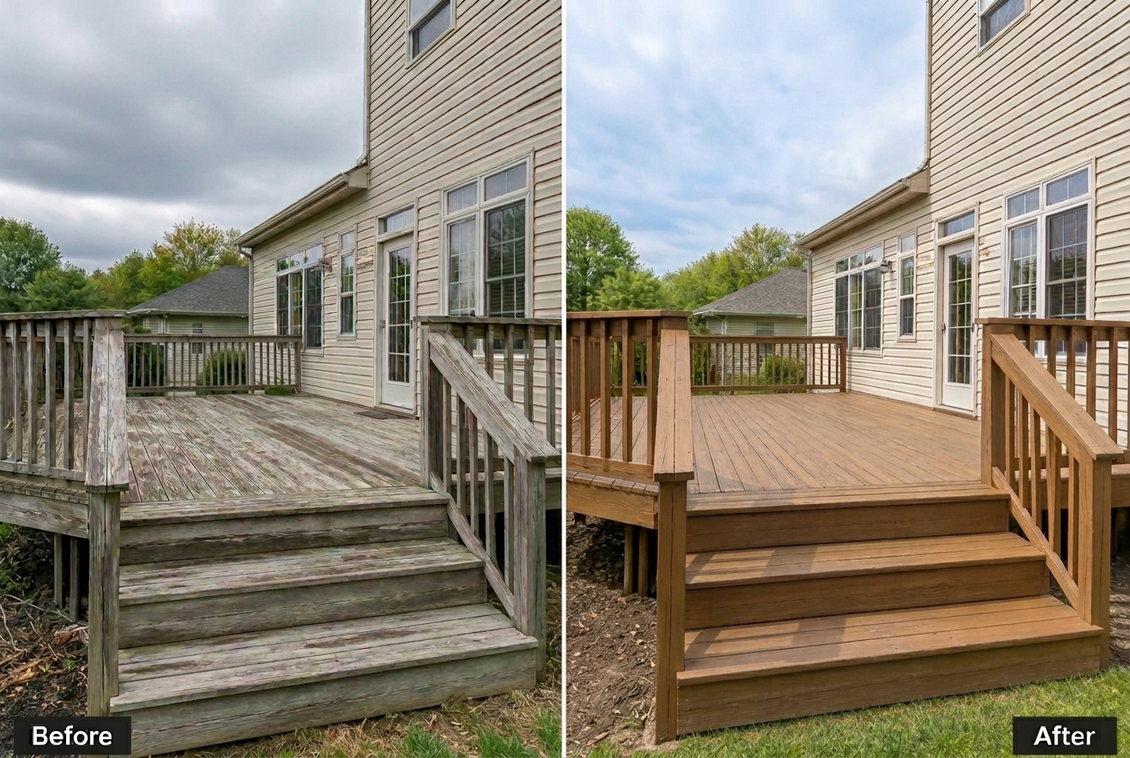 Weathered backyard deck before and after professional refinishing