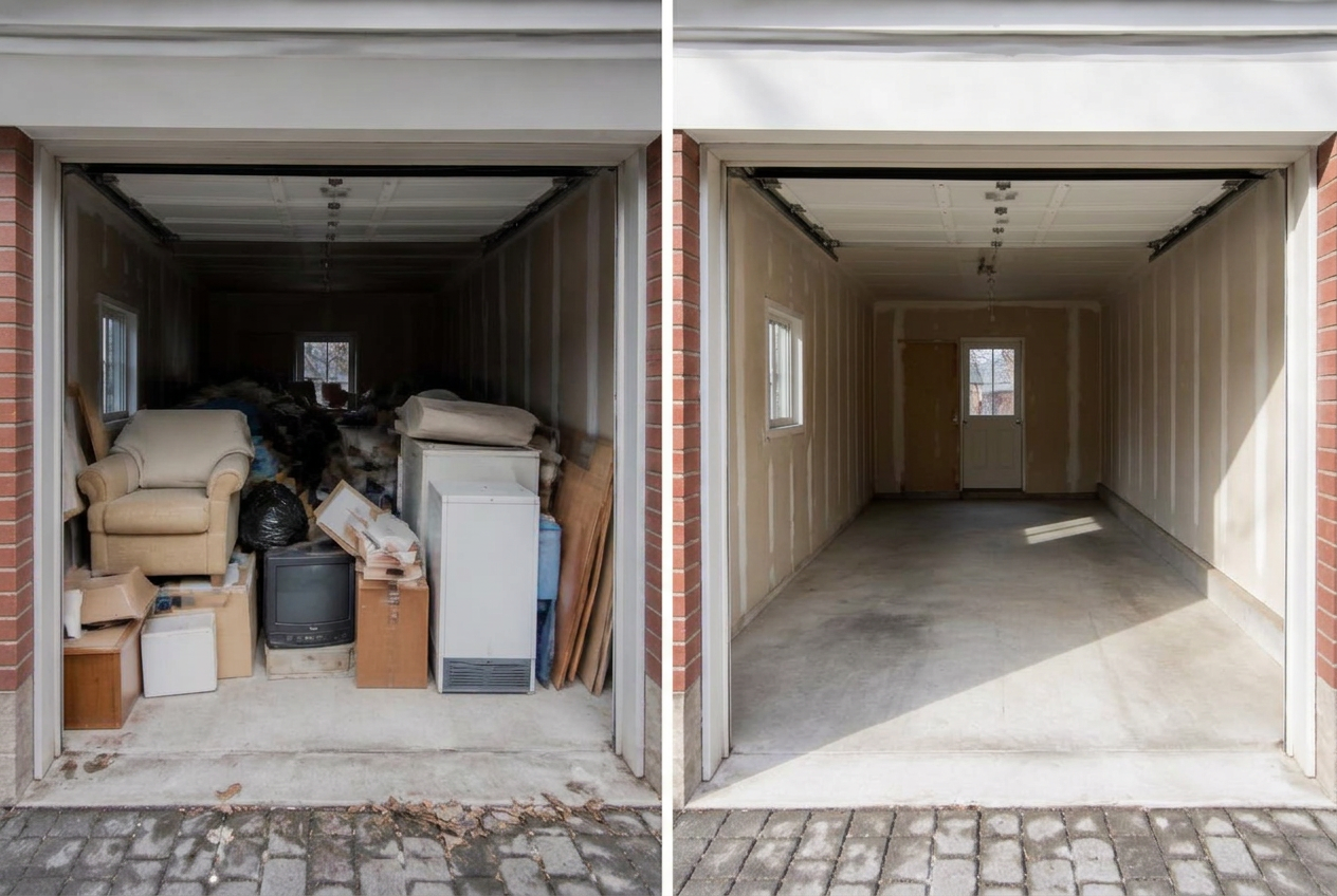 Garage before and after a complete junk removal clean-out